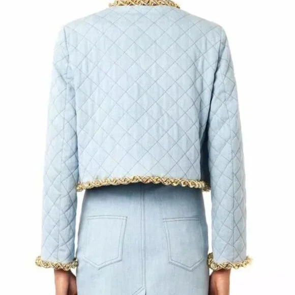 MOSCHINO COUTURE LIGHT WASH FADED DENIM QUILT GOLD CHAIN JACKET IT44 USA 10 - Picture 4 of 15